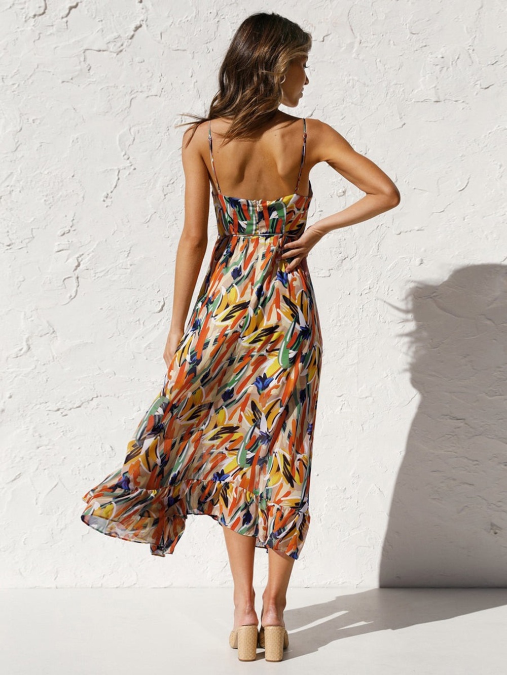 Med- Commense Multi-Color Printed Spaghetti Strap Midi Dress - Orange Blue Green - Picture 3 of 9